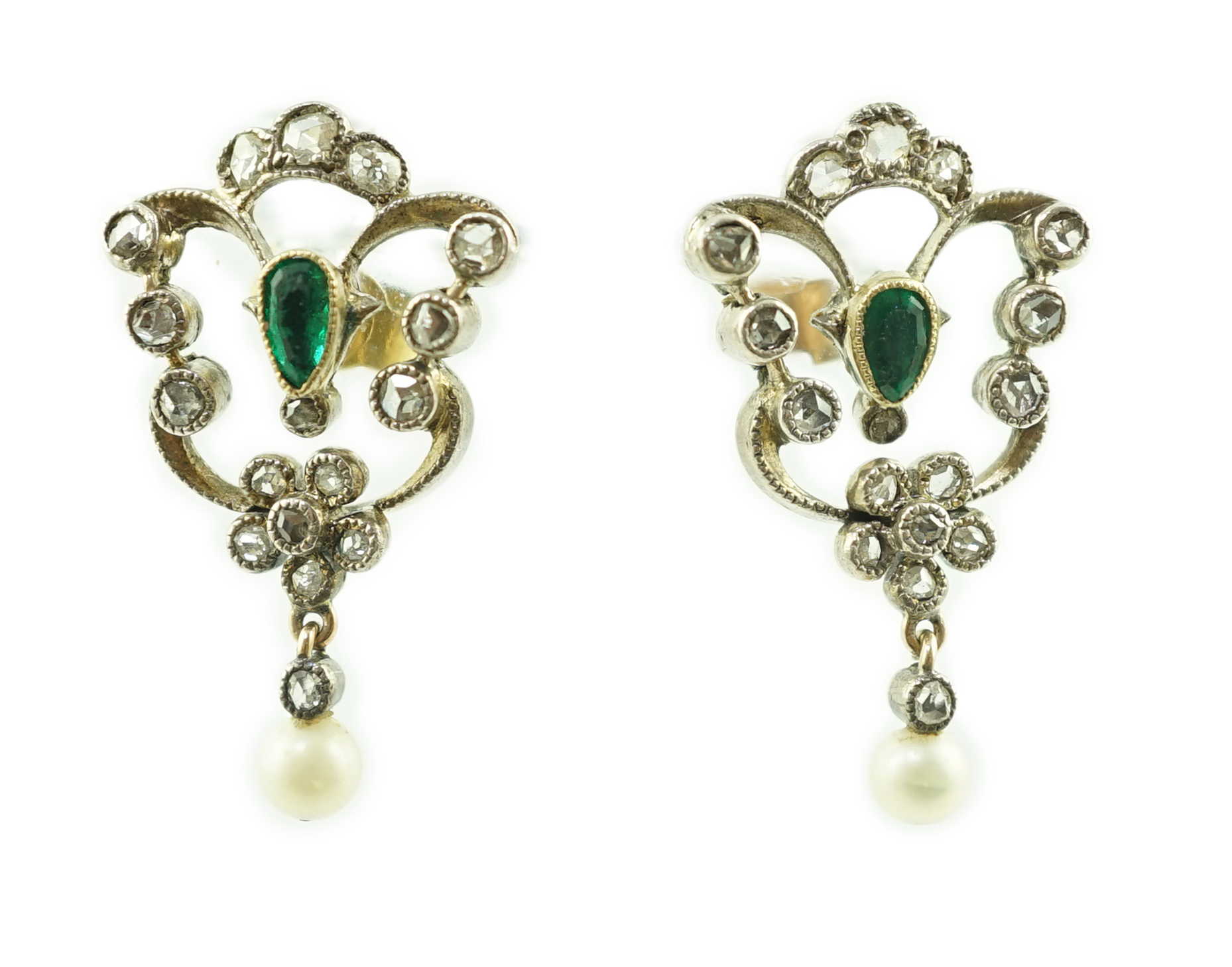 A pair of Edwardian emerald, millegrain set diamond and pearl drop earrings